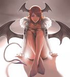  alternate_costume arm_support banned_artist barefoot breasts cleavage demon_girl demon_tail demon_wings feet fur_trim head_wings koakuma large_breasts long_hair long_sleeves multiple_wings pointy_ears red_eyes red_hair sitting smile solo tail touhou wings yinan_cui 