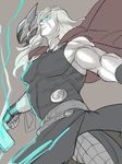  bare_shoulders belt blue_eyes cape cowboy_shot electricity expressionless glowing glowing_eyes grey_background hammer holding holding_weapon long_hair looking_at_viewer looking_down male_focus marvel muscle red_cape silver_hair simple_background sketch sleeveless solo standing thor_(marvel) weapon yokaori 
