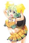  aki_(akikaze_asparagus) alternate_costume arms_up blush breasts cheerleader cleavage cleavage_cutout covered_nipples crop_top green_eyes green_hair hat hat_removed headwear_removed heart_cutout komeiji_koishi looking_at_viewer medium_breasts midriff navel open_mouth pom_poms short_hair simple_background skirt solo touhou white_background 