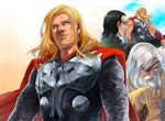  armor beard black_hair blonde_hair cape eyepatch facial_hair loki_(marvel) male_focus marvel multiple_boys nikumeron odin_(marvel) thor_(marvel) white_hair 