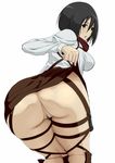  1girl anus ass black_eyes black_hair bottomless breasts dangorou_(yushi-art) female looking_at_viewer looking_back mikasa_ackerman no_panties parted_lips pubic_hair pussy scarf shingeki_no_kyojin short_hair simple_background skirt_lift smile solo uncensored white_background 