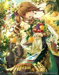 :o animal apple bangs blush brown_hair bun-o carrying cowboy_shot daffodil dappled_sunlight day detached_sleeves dress drill_hair dutch_angle earrings eyebrows_visible_through_hair flower food food_themed_hair_ornament frilled_sleeves frills fruit grapes grass green_dress guardian_cross hair_flower hair_fruit hair_ornament hat holding holding_food holding_fruit jewelry light_rays long_hair necklace official_art open_mouth orange outdoors pig rainbow red_eyes shawl side_ponytail sidelocks solo square_enix sunlight tassel tree 
