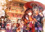  adapted_costume alternate_costume black_hair braid brown_hair cherry_blossoms dark_skin fusou_(kantai_collection) glasses hair_ornament headgear holding holding_umbrella japanese_clothes kantai_collection kimono long_hair michishio_(kantai_collection) mogami_(kantai_collection) multiple_girls musashi_(kantai_collection) open_mouth oriental_umbrella pointy_hair ponytail red_eyes red_umbrella rioka_(southern_blue_sky) sarashi school_uniform shared_umbrella shigure_(kantai_collection) short_hair single_braid smile two_side_up umbrella yamashiro_(kantai_collection) yamato_(kantai_collection) 