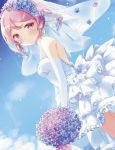  1girl alternate_costume alternate_hairstyle blue_sky bouquet bridal_veil cloud commentary_request day dress drill_hair dutch_angle elbow_gloves flower gloves head_wreath highres kantai_collection kida_mochi looking_at_viewer outdoors pink_eyes pink_hair sazanami_(kantai_collection) short_hair sky solo twintails veil wedding_dress white_dress white_gloves 