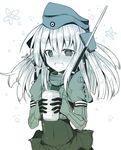  ai_takurou alcohol beer beer_can blush can covered_navel cropped_jacket dress drunk fang garrison_cap gloves hat headgear kantai_collection long_hair military military_uniform monochrome nose_blush open_mouth puffy_sleeves solo translated u-511_(kantai_collection) uniform 