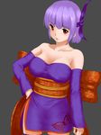  ayane_(doa) bare_shoulders bow breasts cleavage cowboy_shot dead_or_alive detached_sleeves grey_background hand_on_hip headband highres large_breasts purple_hair raseruta red_eyes short_hair side_slit simple_background solo thighhighs zettai_ryouiki 