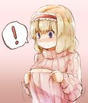  1girl alice_margatroid annoyed blonde_hair blush breasts cleavage clothes_tug covering_nipples frown hairband highres lolita_hairband medium_breasts meme_attire open-chest_sweater ribbed_sweater short_hair solo spoken_exclamation_mark sweatdrop sweater sweater_tug touhou waira 