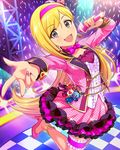  artist_request blonde_hair bow bowtie checkered checkered_floor earrings fujimoto_rina garters glowstick grey_eyes hairband high_heels holding idolmaster idolmaster_cinderella_girls jewelry long_hair looking_at_viewer microphone nail_polish official_art open_mouth outstretched_hand smile solo sparkle stage stage_lights very_long_hair 