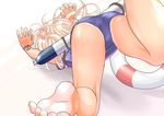  ass barefoot blonde_hair crop_top falling flower from_behind hair_flower hair_ornament ishikkoro kantai_collection lifebuoy long_hair one-piece_tan ro-500_(kantai_collection) sailor_collar school_swimsuit school_uniform serafuku solo swimsuit swimsuit_under_clothes tan tanline torpedo 