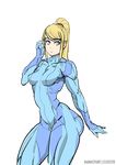  blonde_hair blue_eyes bodysuit breasts cowboy_shot highres long_hair maniacpaint metroid muscle ponytail samus_aran skin_tight small_breasts solo standing thick_thighs thighs zero_suit 