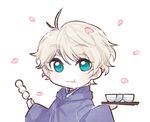  aldnoah.zero blue_eyes dango eating fc_(efushii) food male_focus petals silver_hair slaine_troyard tea tray wagashi 