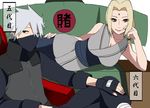  1boy 1girl artist_request blonde_hair breasts cleavage facial_mark fingerless_gloves forehead_mark gloves half_mask hatake_kakashi naruto naruto:_the_last on_side silver_hair sitting tsunade yumekoi_(cc123159) 