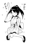  ^_^ ^o^ ai_takurou arm_up closed_eyes full_body ganbare_ganbare_(itou_life) geta greyscale high_ponytail houshou_(kantai_collection) japanese_clothes jumping kantai_collection monochrome open_mouth ponytail sandals simple_background solo translated white_background younger 