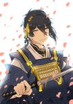  black_hair blue_eyes cherry_blossoms japanese_clothes katana male_focus mikazuki_munechika petals sayagata smile solo sword touken_ranbu unmoving_pattern upper_body weapon white_background yuzhi 