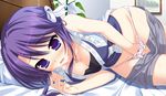  1girl artist_request blush breasts character_request cleavage fingering game_cg hair_ribbon hand_in_panties lying masturbation mekata_mitsuki mole on_side open_mouth panties princess_evangile purple_hair ribbon solo sweat underwear 