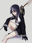  black_gloves cosplay dress eyepatch glaive gloves ichi_inaru kantai_collection long_hair long_sleeves mechanical_halo purple_hair red_ribbon ribbon sitting solo tatsuta_(kantai_collection) tatsuta_(kantai_collection)_(cosplay) tenryuu_(kantai_collection) yellow_eyes 