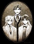  black_hair bow bowtie dio_brando facial_hair father_and_son formal frame george_joestar holiday-jin jojo_no_kimyou_na_bouken jonathan_joestar male_focus monochrome multiple_boys mustache phantom_blood suit sweater_vest younger 