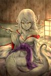  bare_shoulders breasts cleavage grey_skin japanese_clothes kimono lamia long_hair looking_at_viewer mametama5 medium_breasts monster_girl off_shoulder original pipe pointy_ears silver_hair snake_hair solo yellow_eyes 