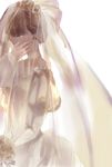  bouquet bridal_veil bride brown_hair closed_eyes dress fading flower gloves highres long_hair pandora_hearts ponytail ribbon sharon_rainsworth solo spoilers tears veil wedding_dress xerxes_break 