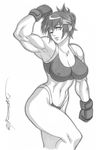  ;) biceps breasts cleavage daikon_(daicombo) daimon_akiko fingerless_gloves flexing gloves greyscale headband highleg highleg_panties highres large_breasts lips midriff monochrome muscle muscular_female navel one_eye_closed panties pose short_hair sketch smile solo sports_bra taisen_hot_gimmick taisen_hot_gimmick_4ever underwear 