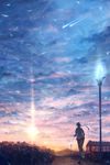  braid city cloud cloudy_sky fantasy from_behind grass highres hill horizon lamppost lens_flare light_particles long_hair original path road running sakimori_(hououbds) scenery shooting_star single_braid sky solo sun sunlight sunset 