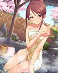  artist_request bare_shoulders body_blush brown_eyes brown_hair cherry_blossoms idolmaster idolmaster_cinderella_girls jpeg_artifacts looking_at_viewer mifune_miyu naked_towel official_art parted_lips sitting soaking_feet solo towel wash_cloth washpan water wet 