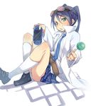  blue_hair candy food fu-ta goggles goggles_on_head green_eyes handheld_game_console kyousougiga labcoat lollipop mole necktie playstation_portable professor_shouko sitting twintails white_legwear 