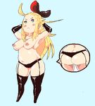  arms_up ass belly blonde_hair blue_background blue_eyes bow bravely_default:_flying_fairy bravely_default_(series) breasts edea_lee garters hair_bow inkerton-kun large_breasts long_hair lowres navel nipples plump pout solo thighs topless 