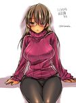  blush breasts brown_hair glasses green_eyes large_breasts looking_at_viewer original pantyhose ribbed_sweater solo sweater tokita_monta turtleneck twitter_username 