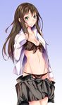  anna_miller bikini brown_hair cowboy_shot dress_shirt front-tie_top green_eyes groin highres idolmaster idolmaster_cinderella_girls long_hair looking_at_viewer mitsuki_(omezame_alice) open_clothes open_shirt shibuya_rin shirt skirt skirt_pull solo swimsuit undressing waitress 