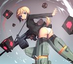  ass blonde_hair blue_eyes erica_hartmann gun jacket leaning_forward looking_back machine_gun mg34 neuroi newey panties short_hair solo strike_witches striker_unit tail underwear weapon white_panties world_witches_series 