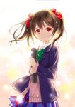  black_hair blazer bow bowtie clouble crying crying_with_eyes_open frown graduation hair_bow holding jacket long_hair long_sleeves looking_at_viewer love_live! love_live!_school_idol_project otonokizaka_school_uniform red_eyes sad school_uniform short_twintails skirt solo tears twintails yazawa_nico 
