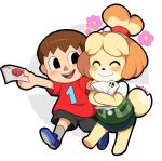  2018 animal_crossing black_nose blush brown_hair canine clothing dipstick_tail duo eyes_closed female floppy_ears footwear fur hair happy human isabelle_(animal_crossing) logo male mammal multicolored_tail nintendo open_mouth short_hair smile super_smash_bros tears toonigal video_games villager_(animal_crossing) white_fur yellow_fur 