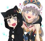  :d anger_vein animal_costume atelier_(series) atelier_meruru atelier_totori bad_id bad_pixiv_id bare_shoulders bell bell_collar black_hair blush cat_costume cat_tail collar commentary_request ear_piercing fang grey_eyes hair_ornament hat hat_with_ears headdress heart holding hood jewelry kemonomimi_mode long_hair maromi_(am97) mimi_houllier_von_schwarzlang multiple_girls open_mouth paw_print piercing purple_eyes sidelocks silver_hair single_earring smile tail totooria_helmold upper_body very_long_hair white_background 