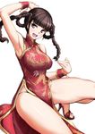  aegis_(nerocc) arm_up armpits braid breasts brown_eyes brown_hair china_dress chinese_clothes dead_or_alive dress high_heels large_breasts lei_fang long_hair looking_at_viewer open_mouth pelvic_curtain smile solo thighs twin_braids 