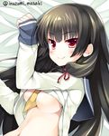  black_hair breasts hair_ribbon inuzumi_masaki isokaze_(kantai_collection) kantai_collection long_hair looking_at_viewer lying medium_breasts midriff navel open_clothes open_shirt red_eyes ribbon shirt sleeves_past_wrists smile solo twitter_username underboob 