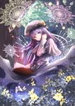  bug butterfly capelet crescent flower hair_ribbon hand_in_hair hat highres insect koroneko_p0w0q long_hair long_sleeves looking_at_viewer magic_circle mob_cap patchouli_knowledge purple_eyes purple_hair ribbon solo touhou tress_ribbon very_long_hair 