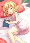  blonde_hair bloomers book chestnut_mouth closed_eyes drill_hair eyewear_removed glasses jpeg_artifacts luna_child lying niiya no_hat no_headwear no_wings off_shoulder on_bed on_side pillow shirt short_hair sleeping sleeveless solo touhou underwear 