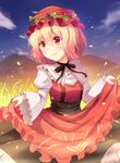  aki_minoriko apron apron_lift blonde_hair blush bow brown_eyes food fruit grapes hat highres jpeg_artifacts long_sleeves mob_cap mountain noe_noel petals puffy_sleeves sash shirt short_hair skirt sky smile solo touhou vest wide_sleeves 