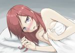  bed_sheet blush breasts covering looking_at_viewer love_live! love_live!_school_idol_project lying medium_breasts naked_sheet nishikino_maki on_side open_mouth pillow purple_eyes red_hair shunichi solo 