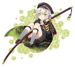  :&gt; armor cape garters green_eyes hat hotarumaru japanese_armor kuronohana male_focus ootachi shorts shoulder_armor silver_hair smile sock_garters sode solo sword touken_ranbu weapon yagasuri 