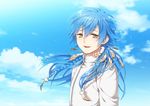  blue_hair blue_sky braid brown_eyes cloud day dramatical_murder feathers kuronohana male_focus open_mouth seragaki_aoba sky smile upper_body 