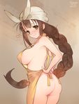  apron ass blush braid breasts brown_hair from_behind green_eyes head_scarf heart large_breasts long_hair looking_at_viewer looking_back naked_apron sabakamen sengoku_bushouki_muramasa sideboob simple_background single_braid smile solo strap_gap tying very_long_hair 