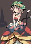  :3 aioi_aoi alternate_costume animal_ears bright_pupils brown_hair cat_ears cat_tail chen dress elbow_gloves flower gloves hairband hat hat_flower looking_at_viewer multiple_tails short_hair smile solo tail touhou white_pupils 