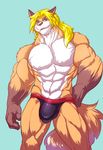  abs anthro biceps big_muscles blonde_hair blue_background blue_eyes brown_fur brown_nose bulge canine clothed clothing fox front_view fur hair half-dressed hi_res istani looking_at_viewer male mammal muscles open_mouth pecs plain_background pose skimpy smile solo standing tan_fur toned tongue topless underwater water white_fur 