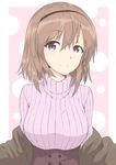  brown_hair hairband highres looking_at_viewer omae_wo_otaku_ni_shite_yaru_kara_ore_wo_riajuu_ni_shite_kure! purple_eyes ribbed_sweater short_hair shunichi smile solo sweater turtleneck upper_body 