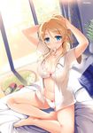  adjusting_hair arms_behind_head ayase_eli bad_id bad_pixiv_id bare_legs barefoot bed blonde_hair blue_eyes blush bow bow_bra bow_panties bra breasts butterfly_sitting circle_name cleavage hair_tie_in_mouth highres indian_style indoors large_breasts long_hair looking_at_viewer love_live! love_live!_school_idol_project minami_kotori_(bird) mouth_hold navel on_bed open_clothes open_shirt panties ponytail rug scrunchie shirt sitting skirt skirt_removed sliding_doors slippers smile solo sousouman underwear white_bra white_panties white_scrunchie window 