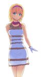  alice_margatroid arm_at_side arm_behind_back backlighting bare_arms bare_shoulders blonde_hair blue_eyes culter dress gloves hairband looking_at_viewer meme meme_attire parted_lips scarf simple_background sleeveless sleeveless_dress solo striped striped_dress the_dress_(meme) touhou white_background 