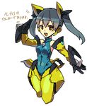  armor black_hair blush breasts cute female gijinka hair human japanese_text looking_at_viewer lucario mammal navel nintendo not_furry open_mouth pigtails plain_background pok&eacute;mon red_eyes shiny_pok&eacute;mon solo teeth text translation_request video_games 草薙芳_(artist) 