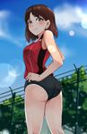  ass bad_id bad_pixiv_id blush brown_eyes brown_hair buruma cloud day from_behind from_below hands_on_hips highres hinoshita_akame lens_flare looking_back original pout sky solo tan tank_top tanline track_uniform 